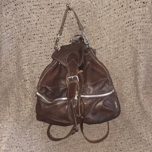RUGBY CANADA-90's Heavy Brown Pebbled Leather-Backpack/Handbag-Excellent